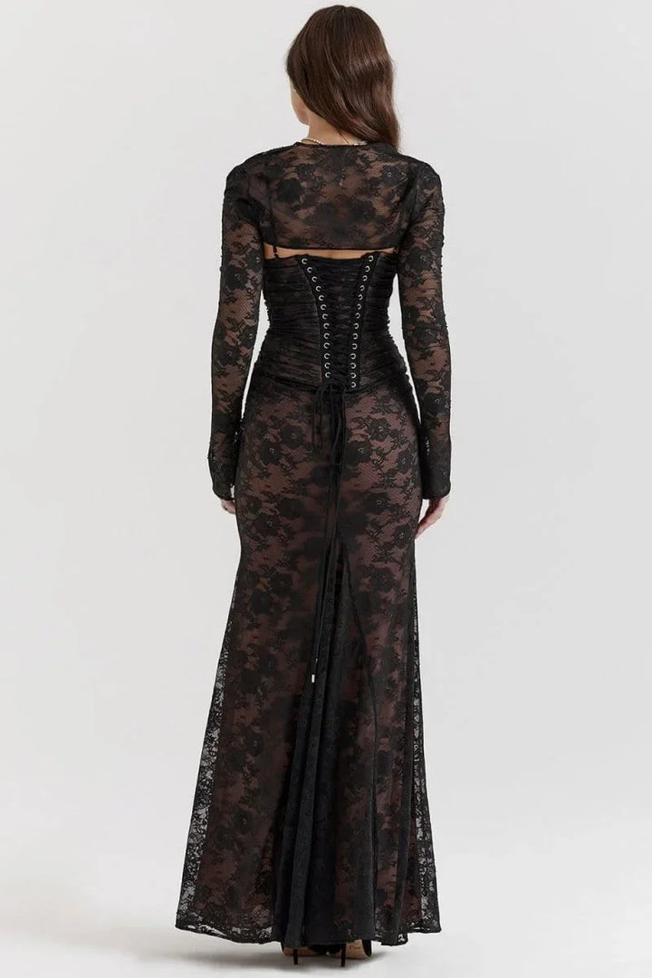 Women's Evening Maxi Dress with Lace Detail and Long Sleeves