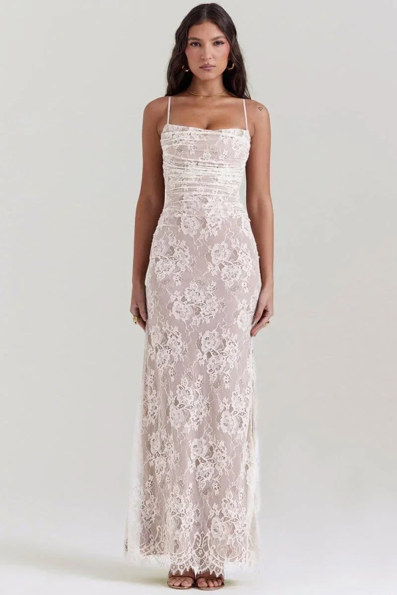 Women's Evening Maxi Dress with Lace Detail and Long Sleeves