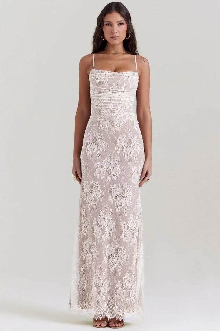 Women's Evening Maxi Dress with Lace Detail and Long Sleeves