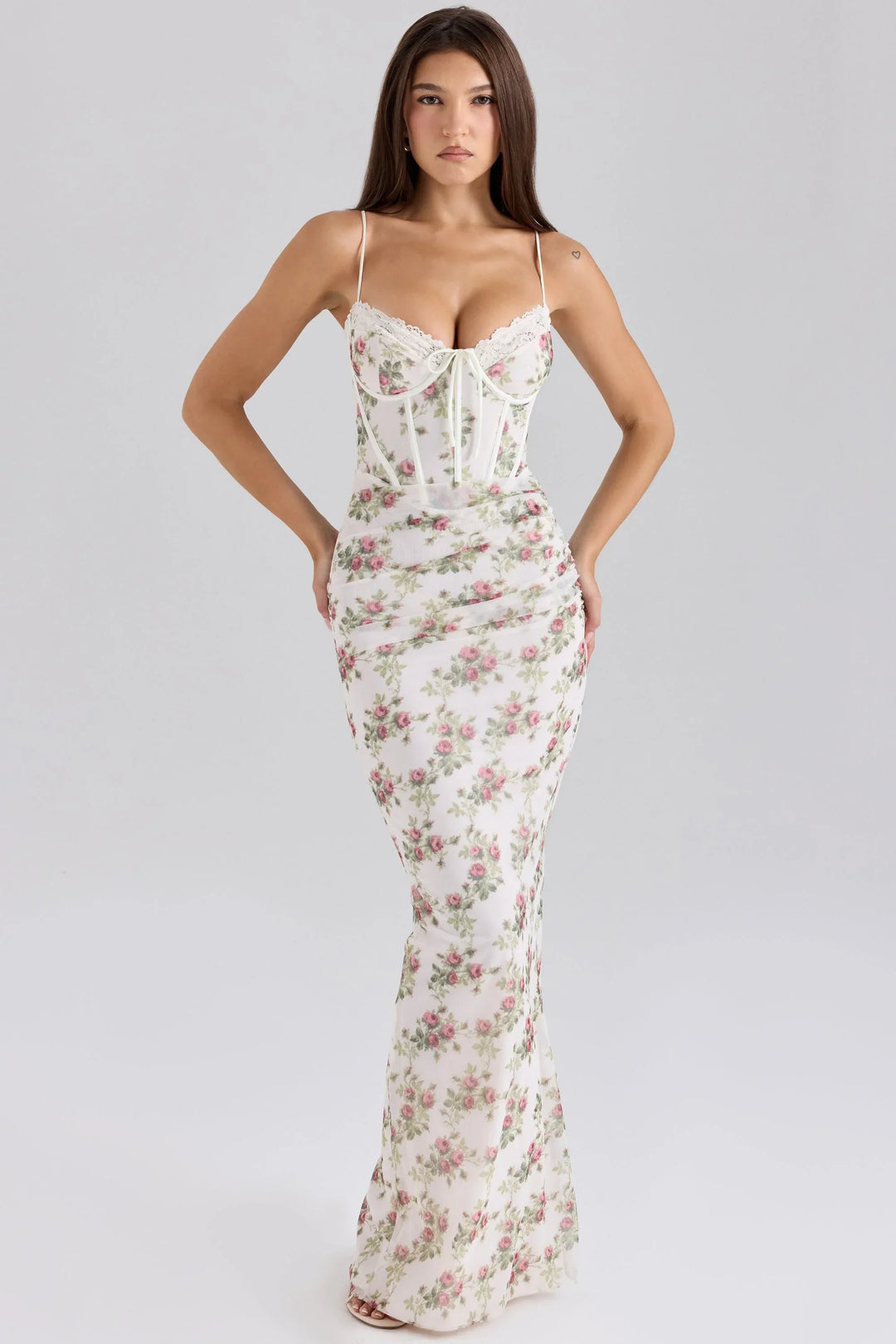 Women's Wedding Guest Maxi Dress with Sweetheart Neckline and Floral Print