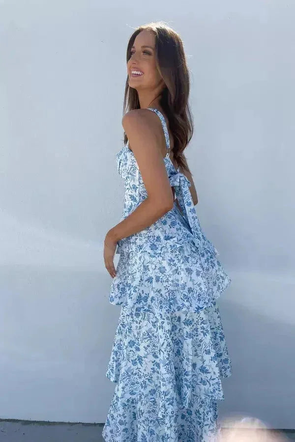 Women's Floral Maxi Dress with Sweetheart Neckline and Tiered Skirt