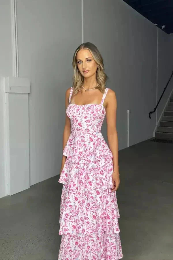 Women's Floral Maxi Dress with Sweetheart Neckline and Tiered Skirt