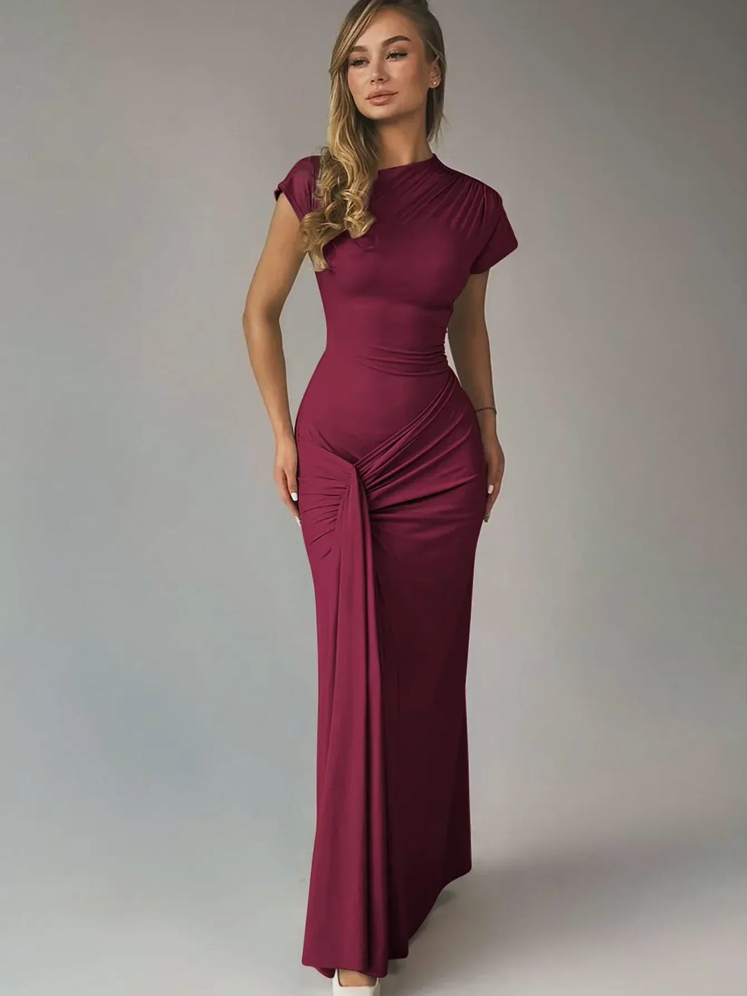Women's Evening Maxi Dress with High Neck and Short Sleeves