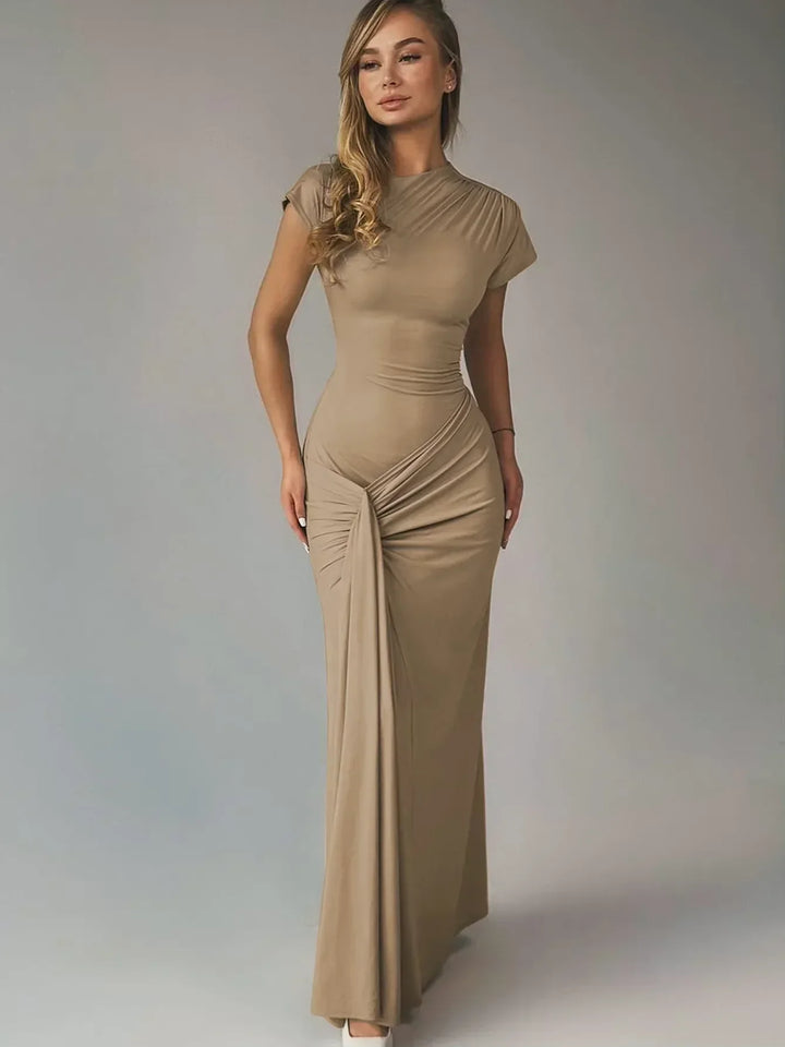 Women's Evening Maxi Dress with High Neck and Short Sleeves