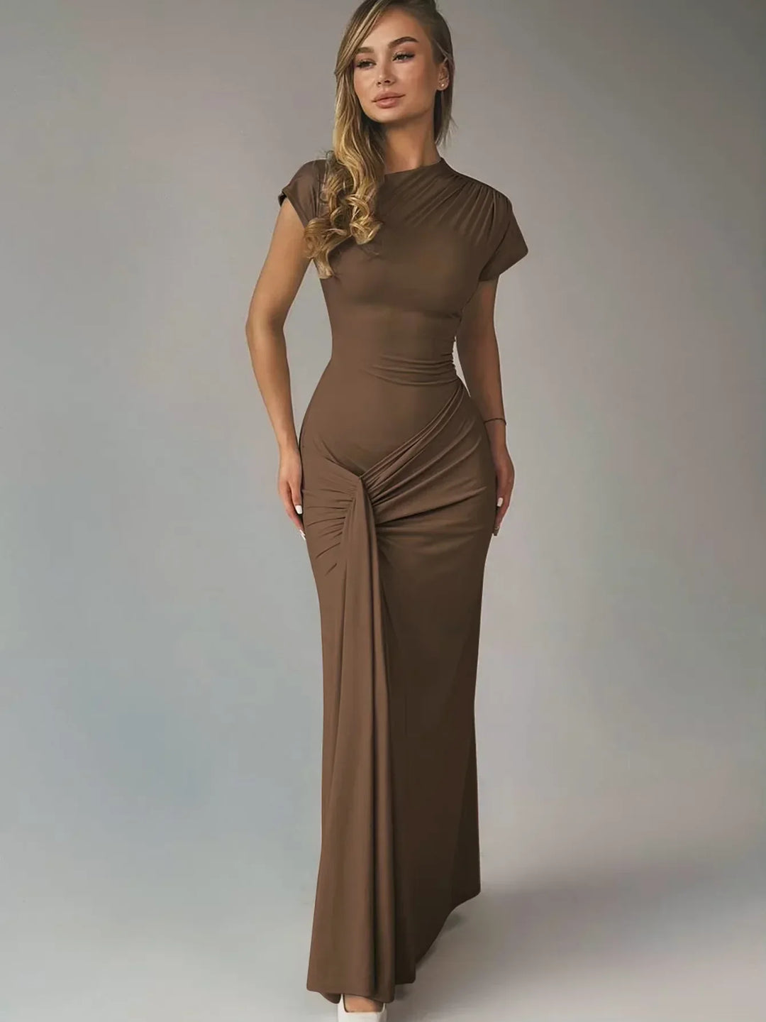 Women's Evening Maxi Dress with High Neck and Short Sleeves