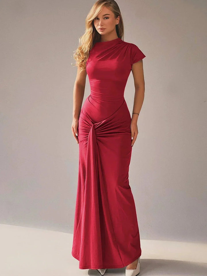 Women's Evening Maxi Dress with High Neck and Short Sleeves