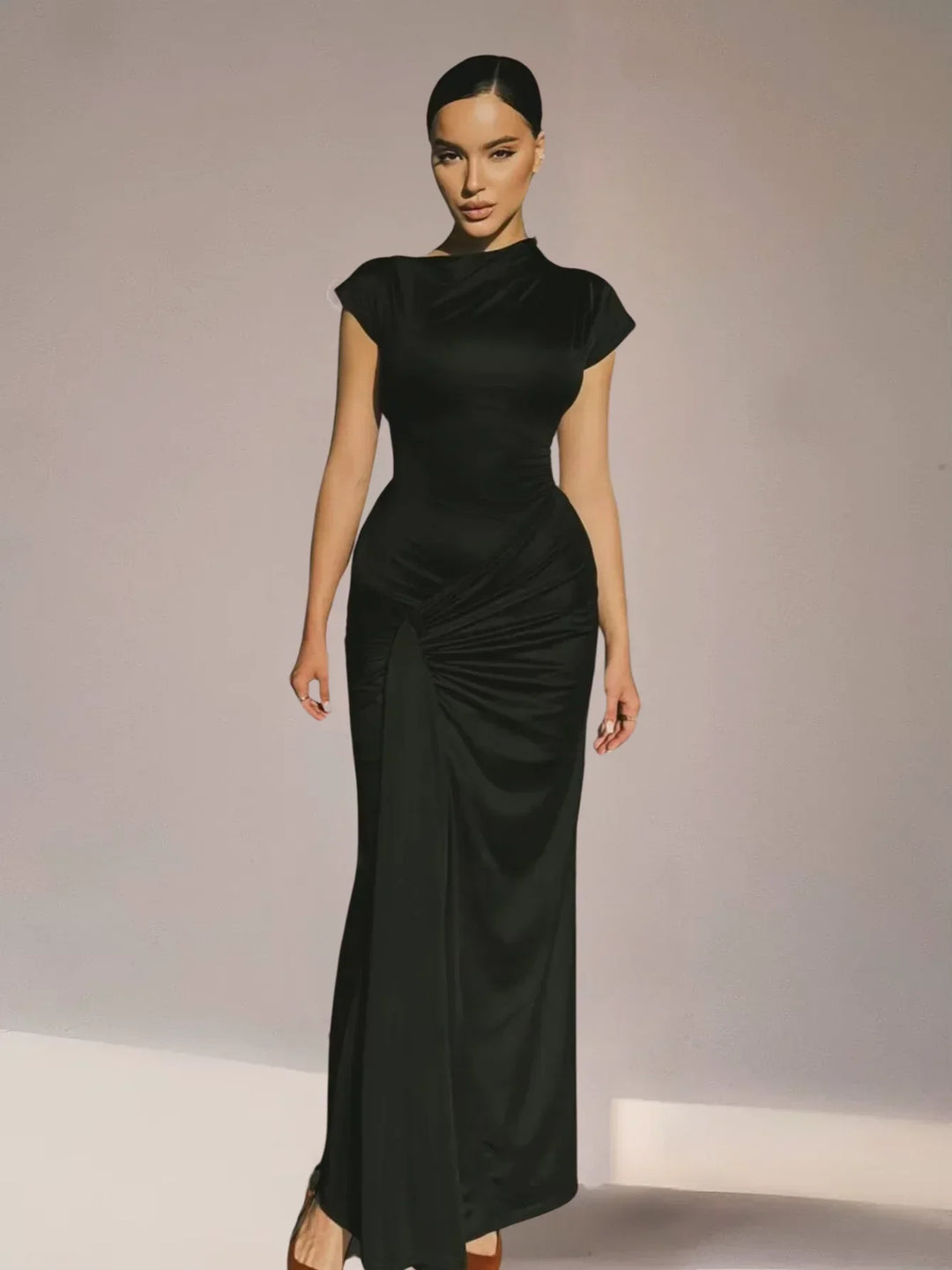 Women's Evening Maxi Dress with High Neck and Short Sleeves