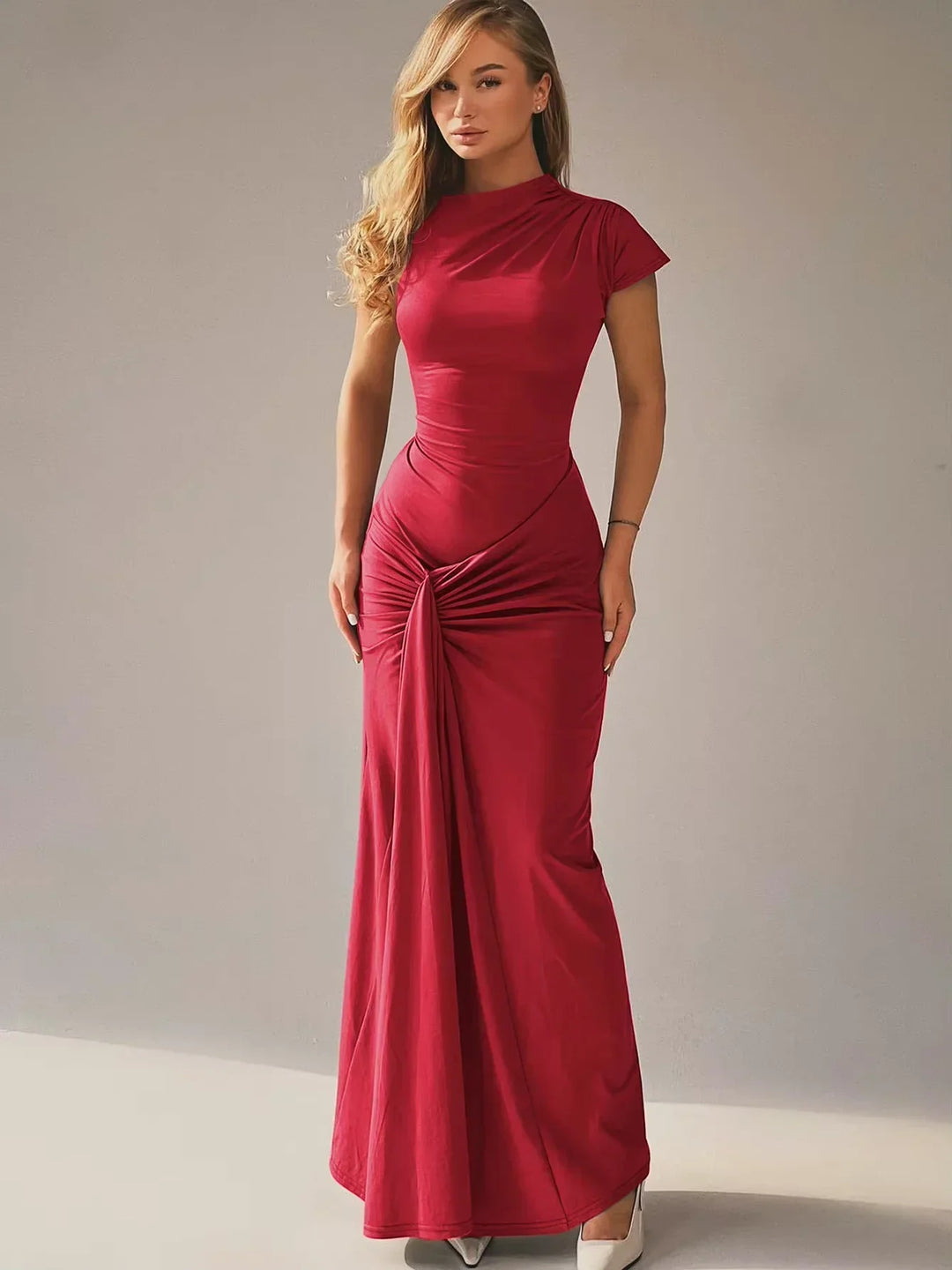 Women's Evening Maxi Dress with High Neck and Short Sleeves