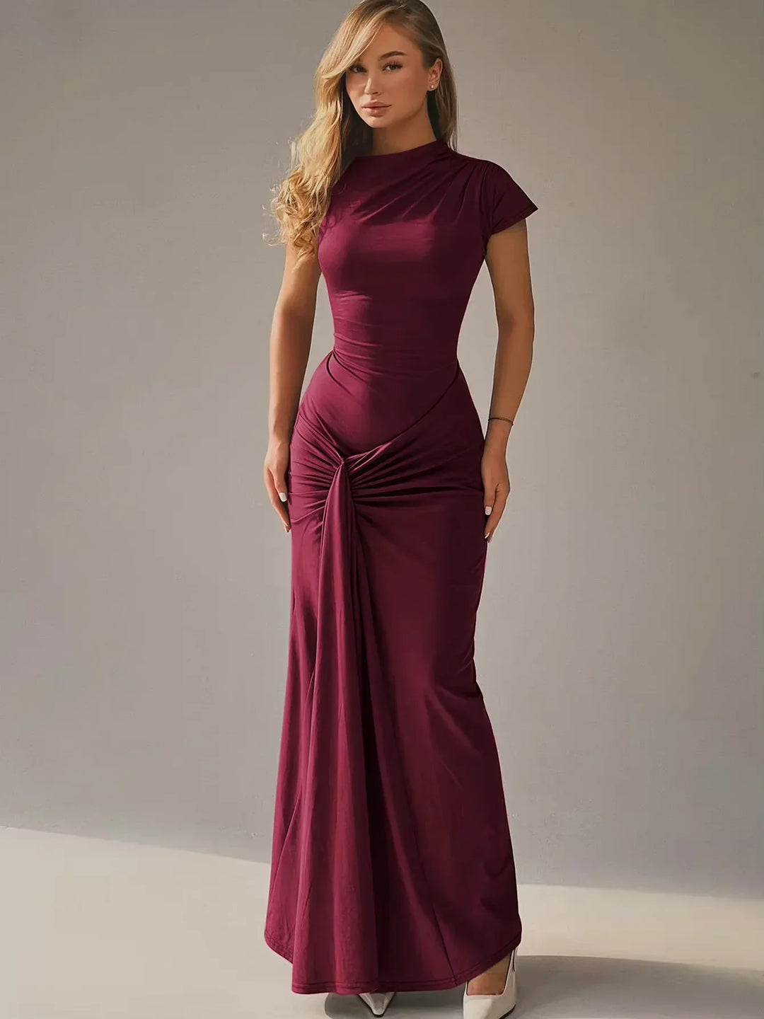 Women's Evening Maxi Dress with High Neck and Short Sleeves