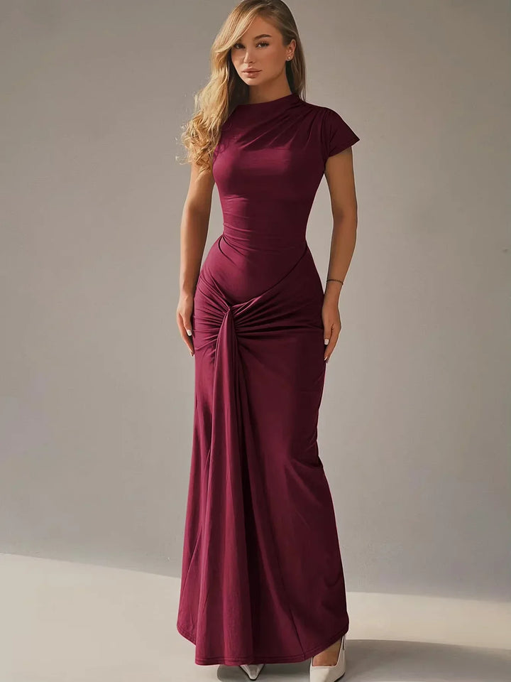 Women's Evening Maxi Dress with High Neck and Short Sleeves