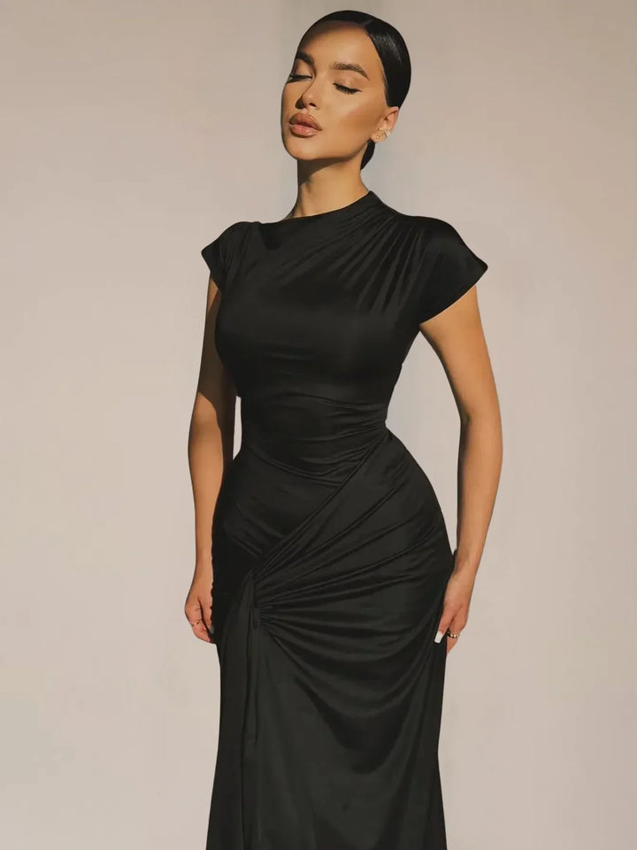 Women's Evening Maxi Dress with High Neck and Short Sleeves