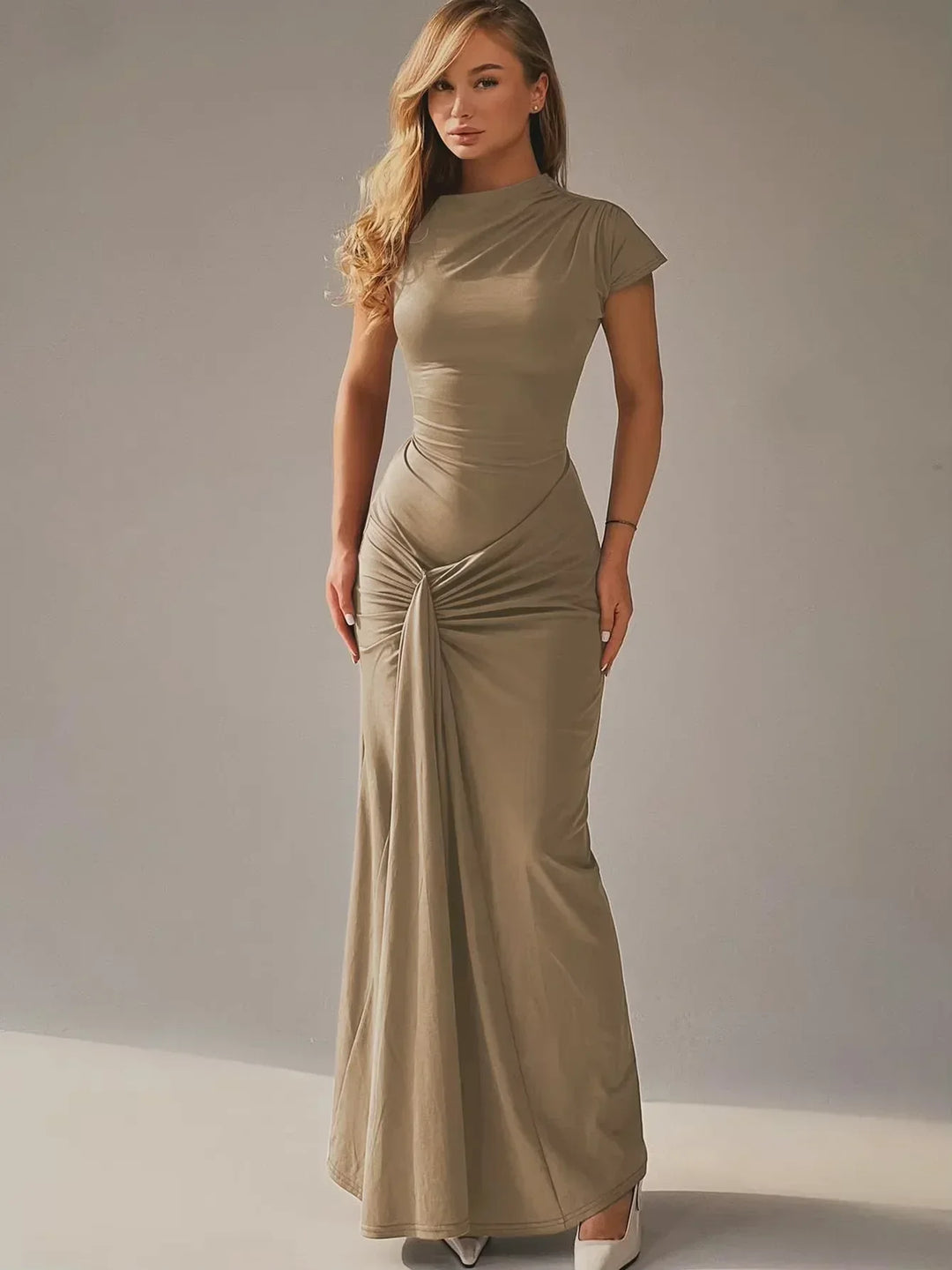 Women's Evening Maxi Dress with High Neck and Short Sleeves