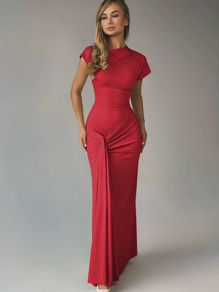 Women's Evening Maxi Dress with High Neck and Short Sleeves