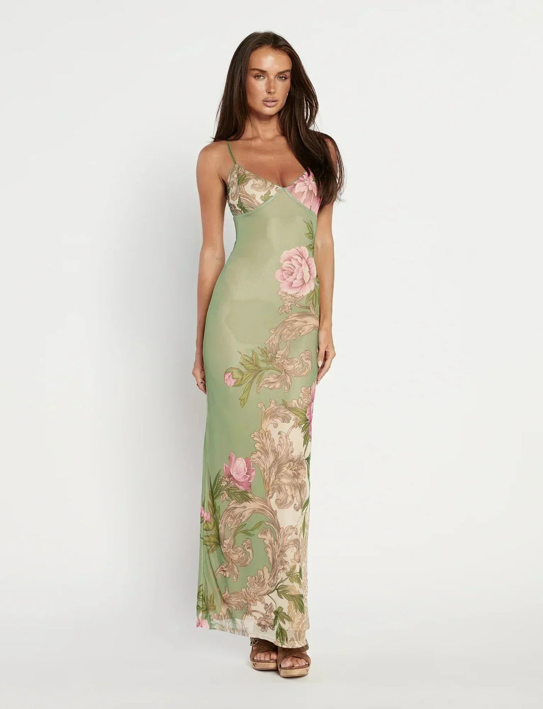 Women's Floral Maxi Dress with Cowl Neck and Spaghetti Straps