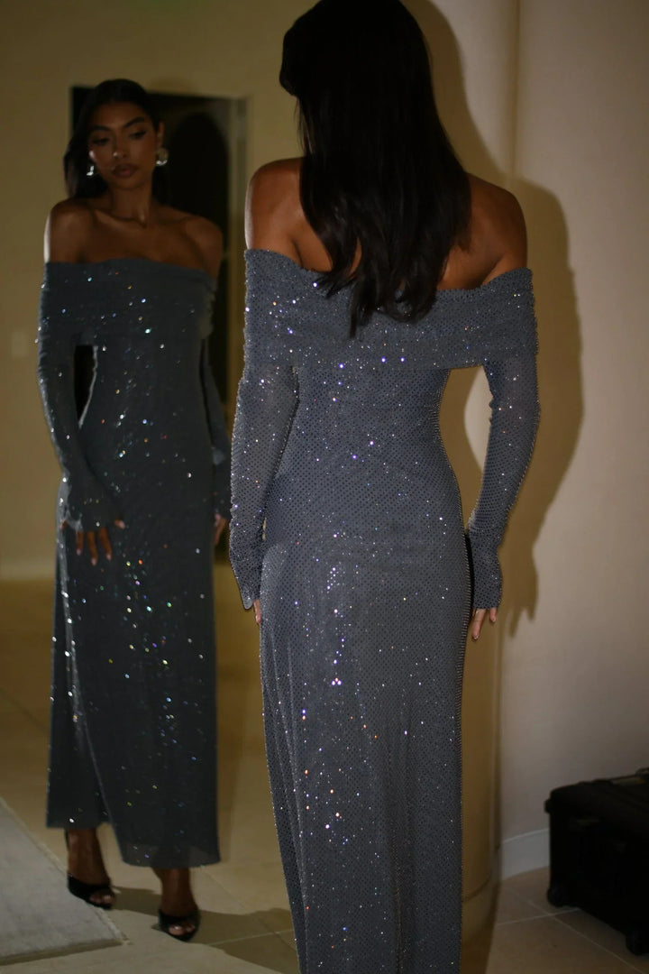 Women's Evening Maxi Dress with Off Shoulder Neckline and Long Sleeves