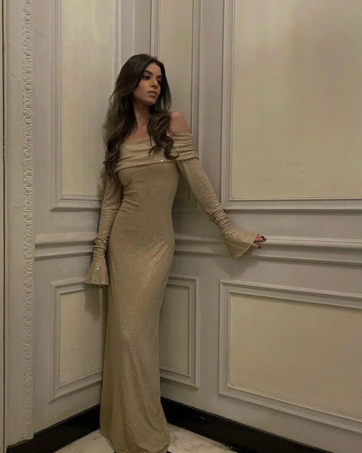Women's Evening Maxi Dress with Off Shoulder Neckline and Long Sleeves