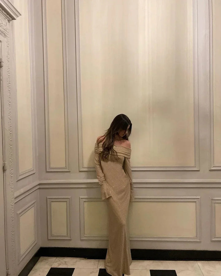 Women's Evening Maxi Dress with Off Shoulder Neckline and Long Sleeves