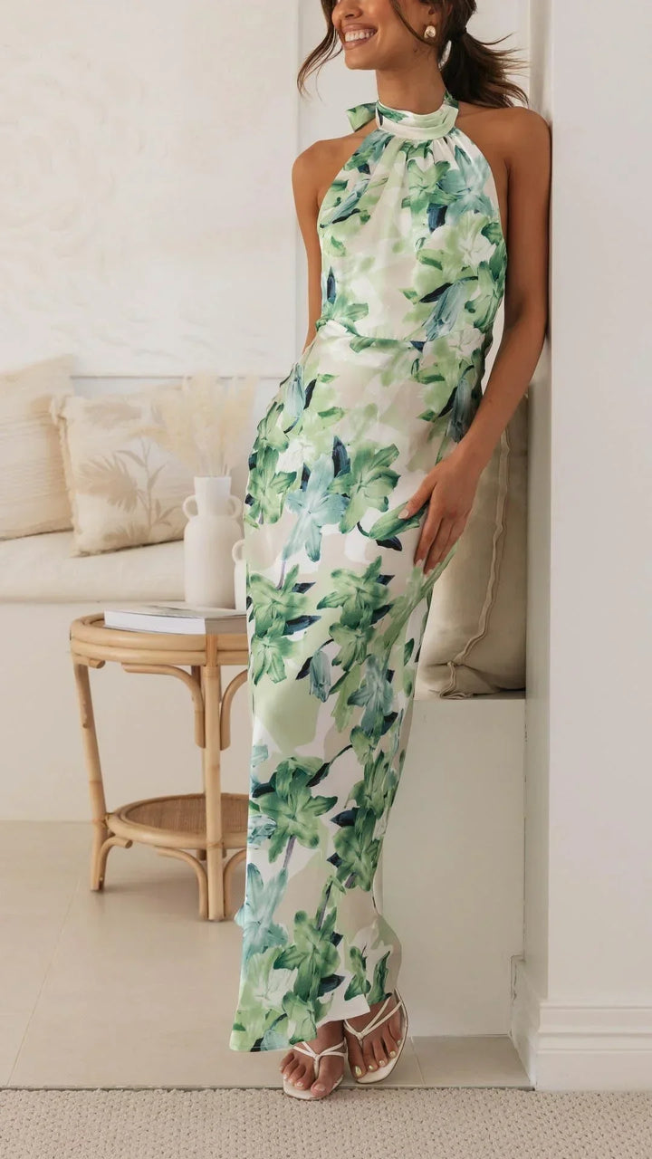 Women's Floral Maxi Dress with Halter Neck and Sleeveless Design