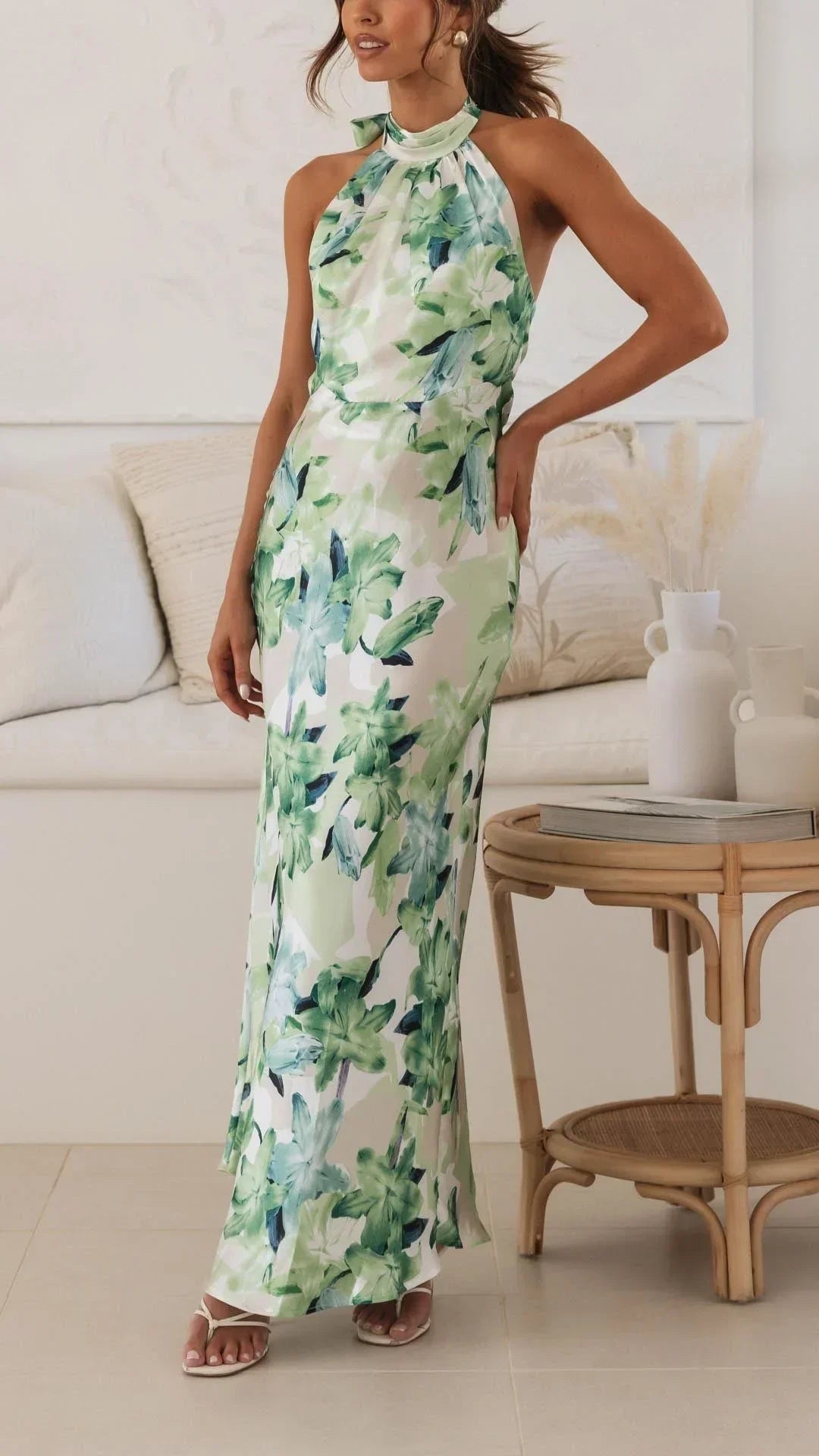Women's Floral Maxi Dress with Halter Neck and Sleeveless Design