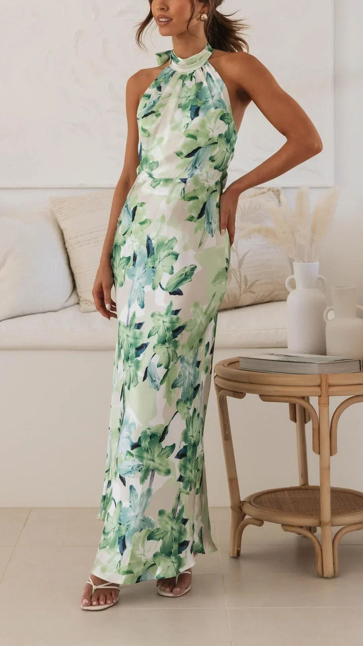 Women's Floral Maxi Dress with Halter Neck and Sleeveless Design