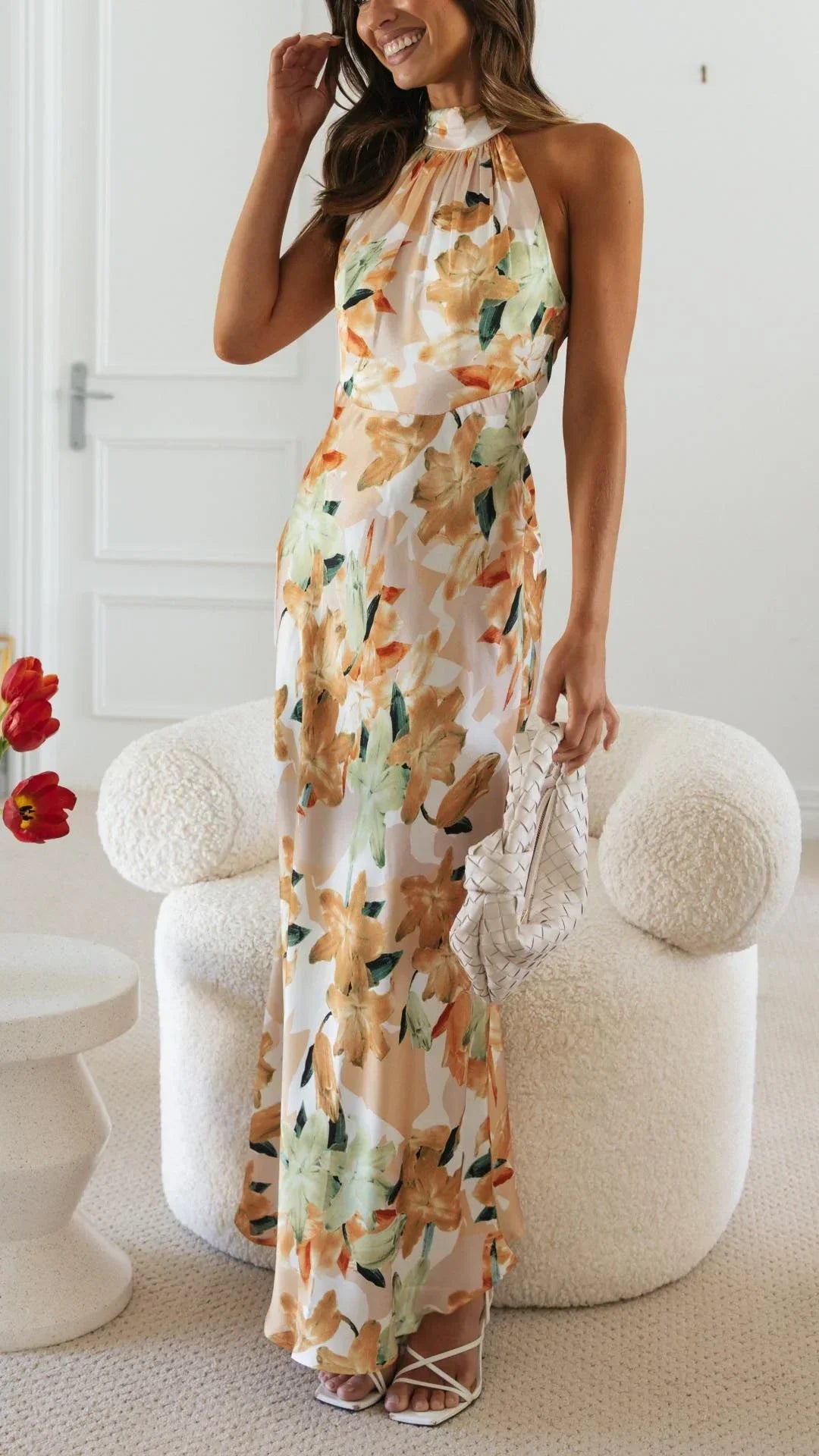 Women's Floral Maxi Dress with Halter Neck and Sleeveless Design