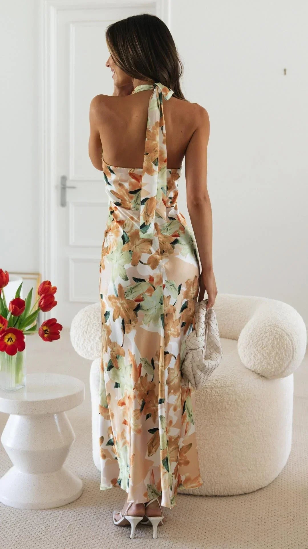 Women's Floral Maxi Dress with Halter Neck and Sleeveless Design