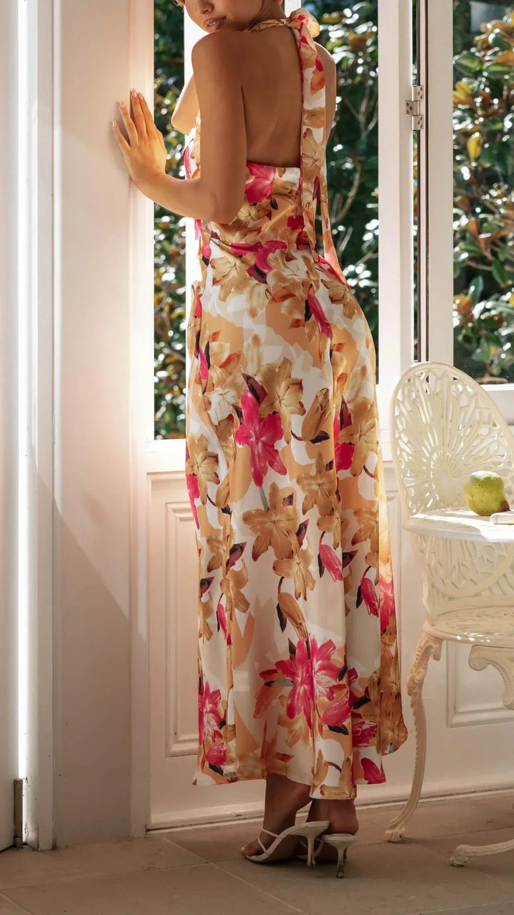 Women's Floral Maxi Dress with Halter Neck and Sleeveless Design