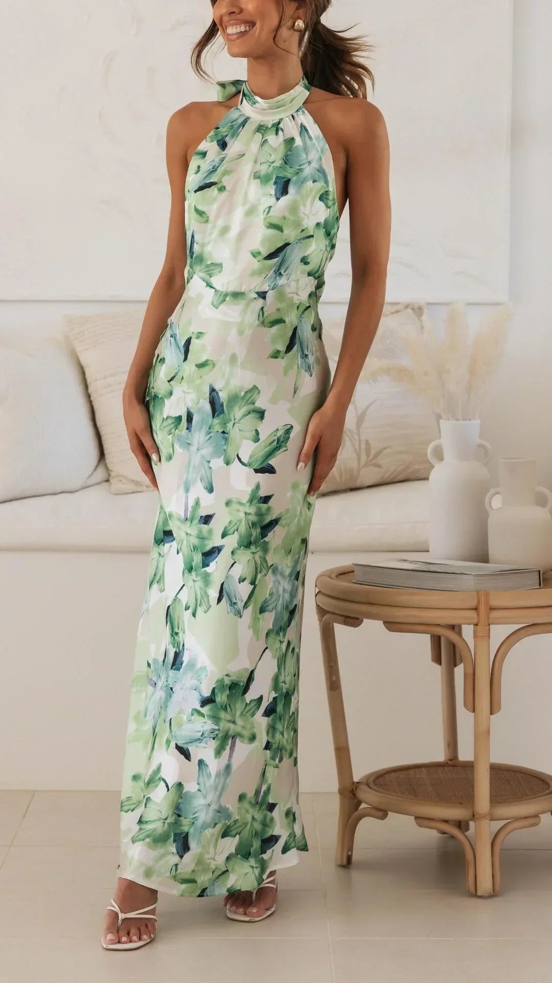 Women's Floral Maxi Dress with Halter Neck and Sleeveless Design