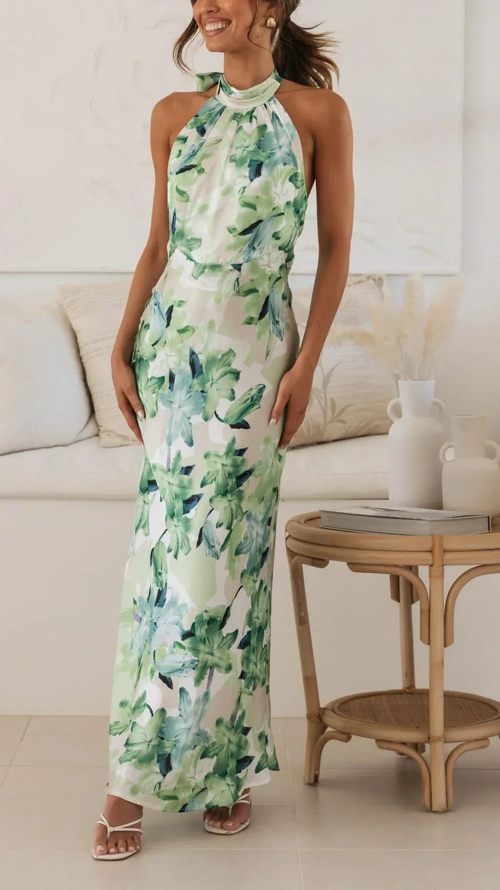 Women's Floral Maxi Dress with Halter Neck and Sleeveless Design