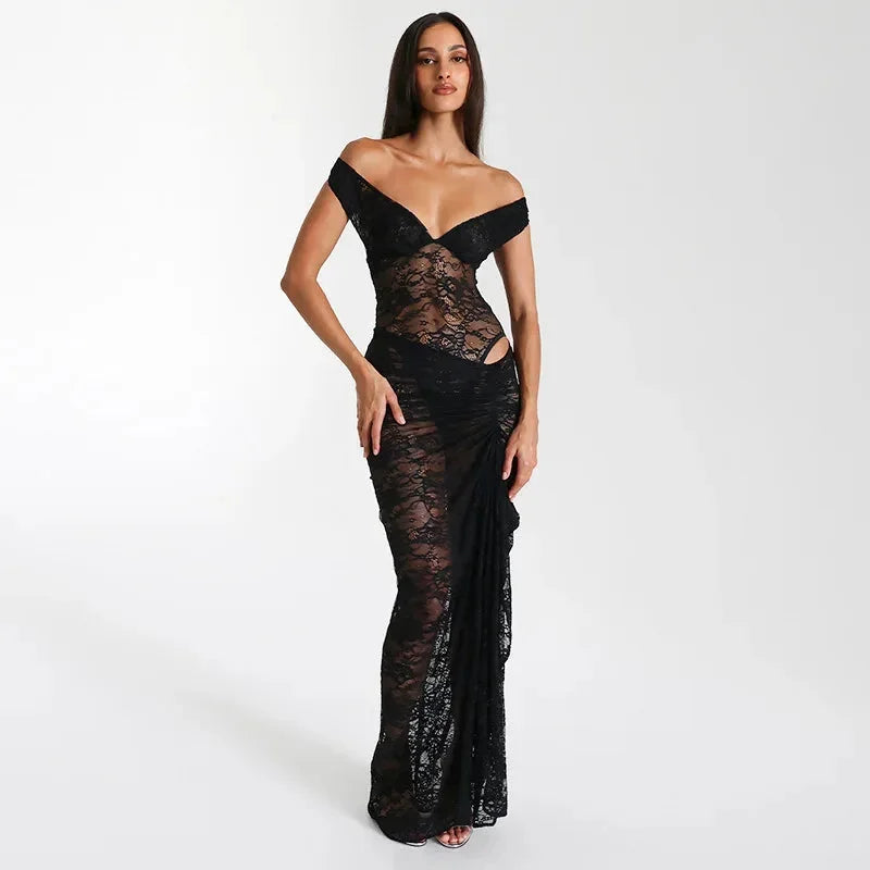 Women's Evening Maxi Dress with Bardot Neckline and Lace Detail