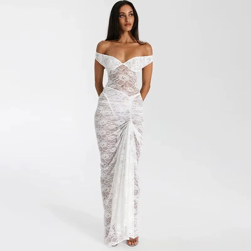 Women's Evening Maxi Dress with Bardot Neckline and Lace Detail