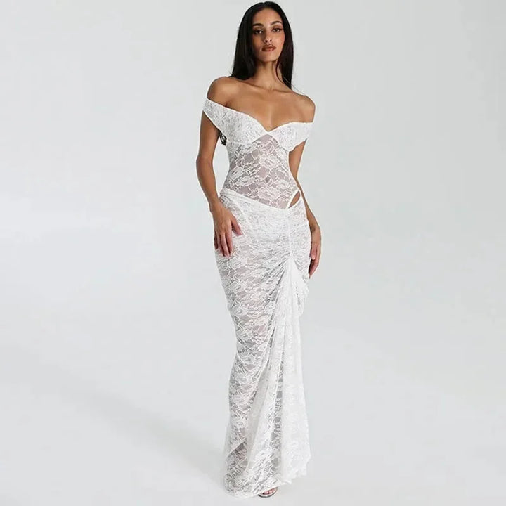 Women's Evening Maxi Dress with Bardot Neckline and Lace Detail