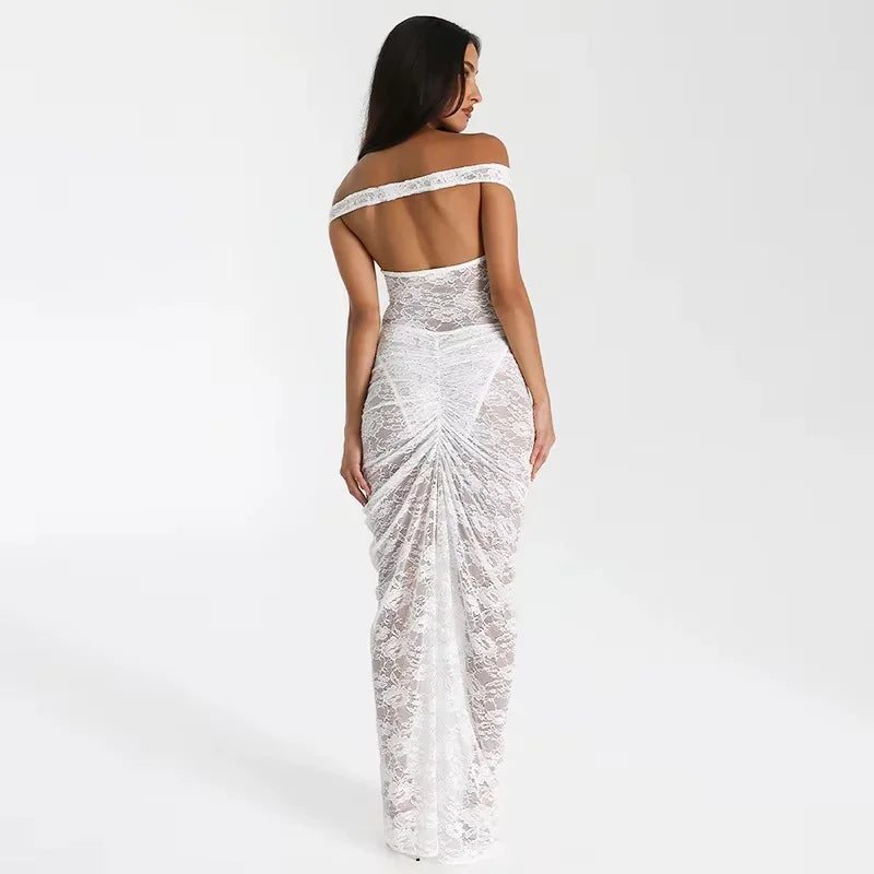 Women's Evening Maxi Dress with Bardot Neckline and Lace Detail