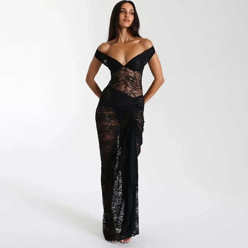 Women's Evening Maxi Dress with Bardot Neckline and Lace Detail