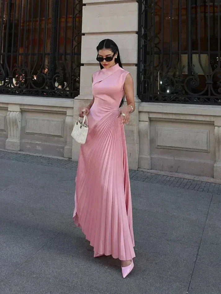 Women's Occasion Maxi Dress with High Neck and Pleated Skirt