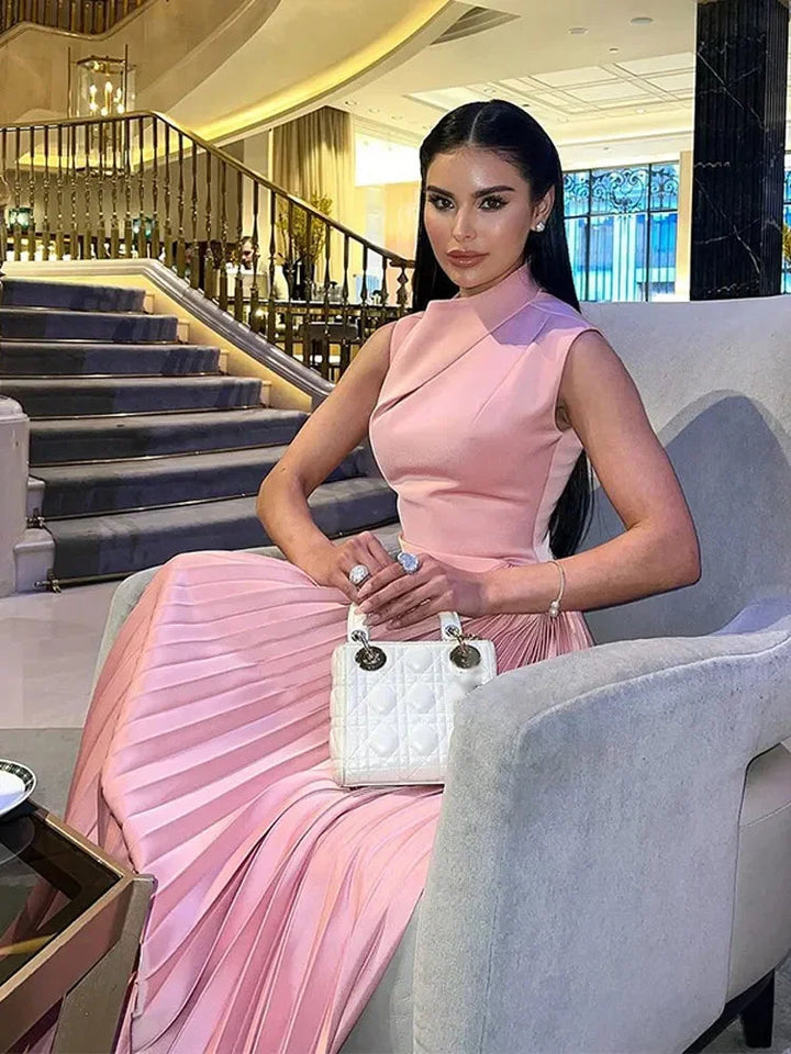 Women's Occasion Maxi Dress with High Neck and Pleated Skirt