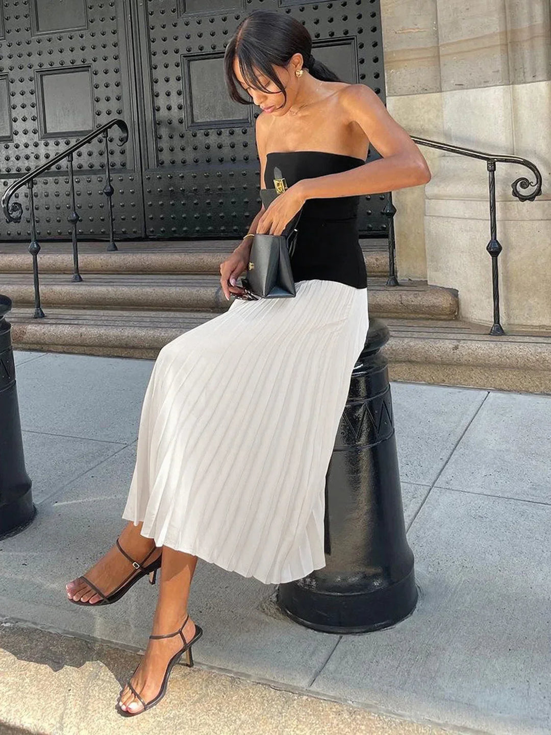 Women's Strapless Midi Dress with Pleated Skirt and Contrast Bodice