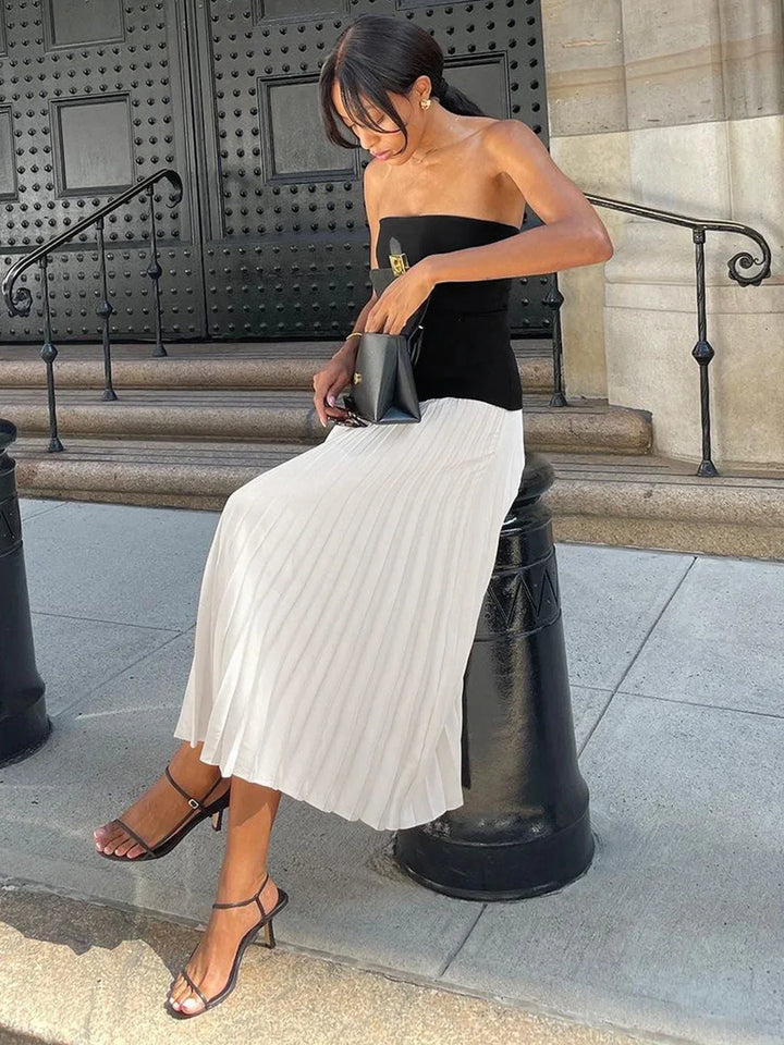 Women's Strapless Midi Dress with Pleated Skirt and Contrast Bodice