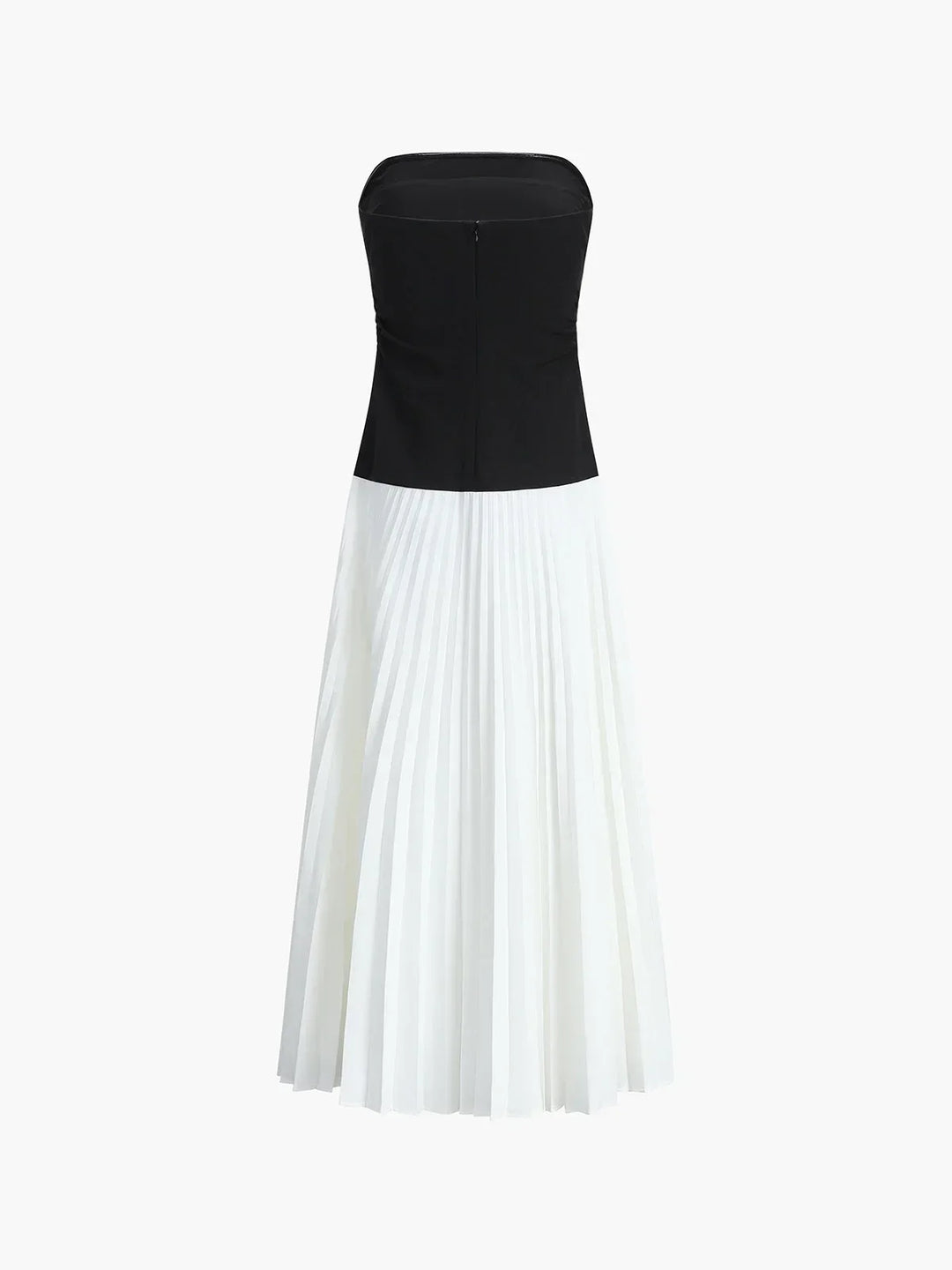 Women's Strapless Midi Dress with Pleated Skirt and Contrast Bodice