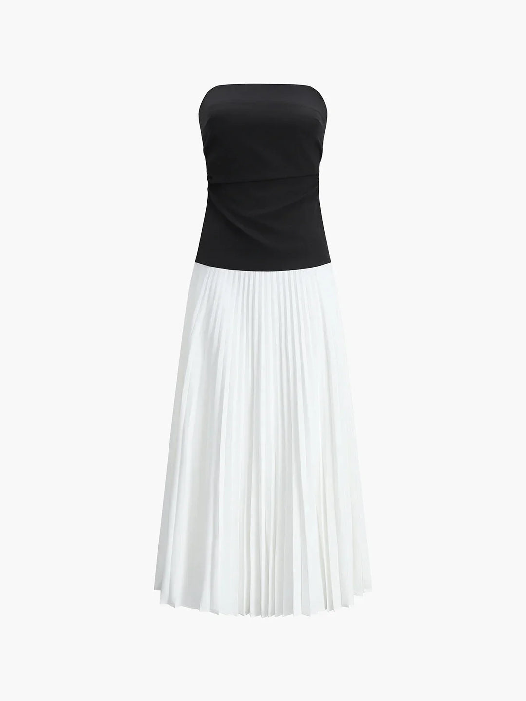 Women's Strapless Midi Dress with Pleated Skirt and Contrast Bodice
