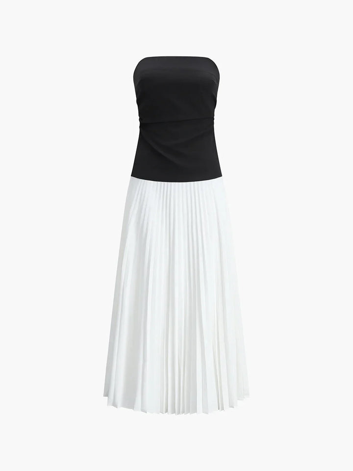 Women's Strapless Midi Dress with Pleated Skirt and Contrast Bodice
