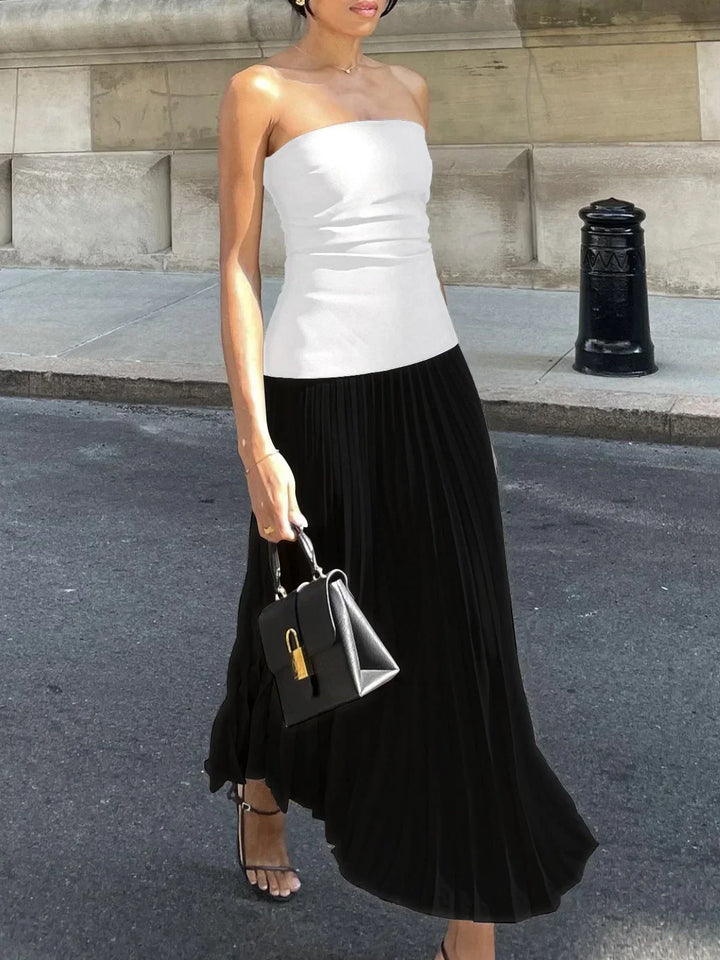 Women's Strapless Midi Dress with Pleated Skirt and Contrast Bodice