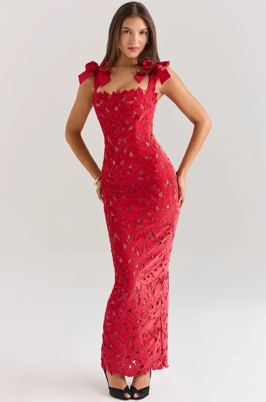 Women's Evening Maxi Dress with Floral Sequin Detail and Tie Shoulder Straps