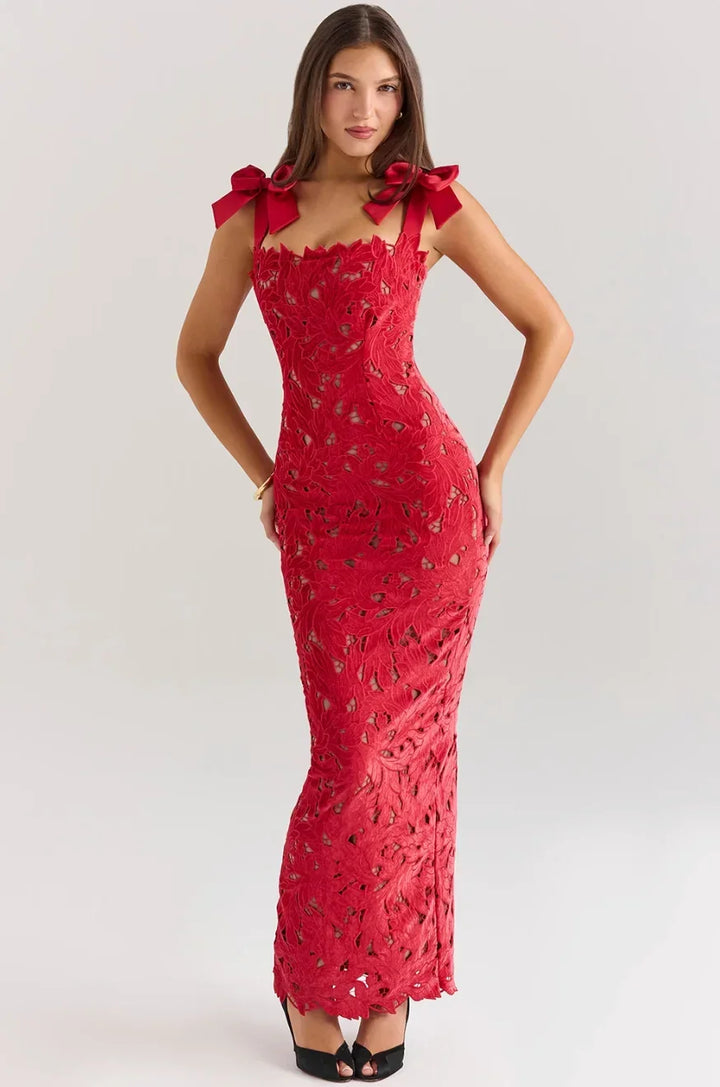 Women's Evening Maxi Dress with Floral Sequin Detail and Tie Shoulder Straps