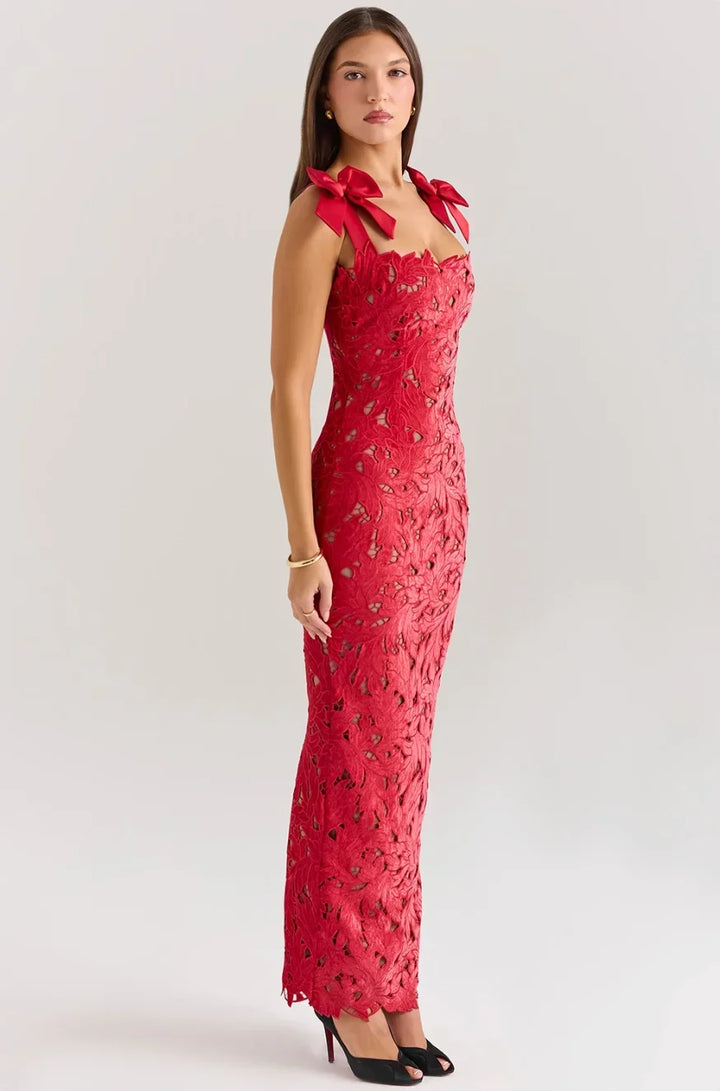 Women's Evening Maxi Dress with Floral Sequin Detail and Tie Shoulder Straps