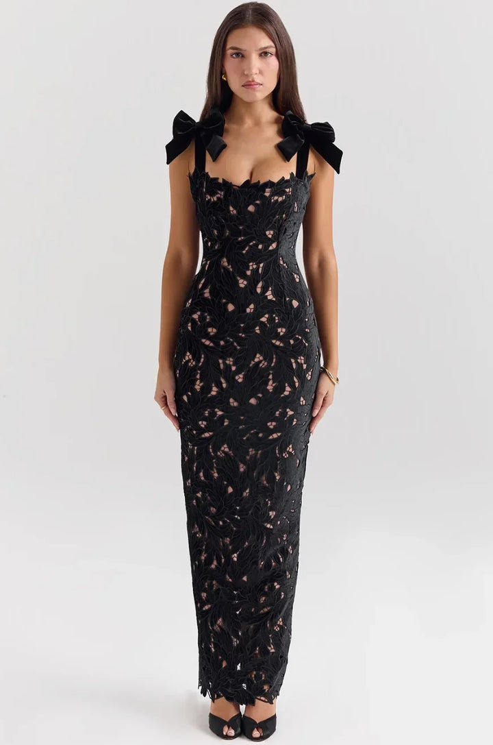 Women's Evening Maxi Dress with Floral Sequin Detail and Tie Shoulder Straps