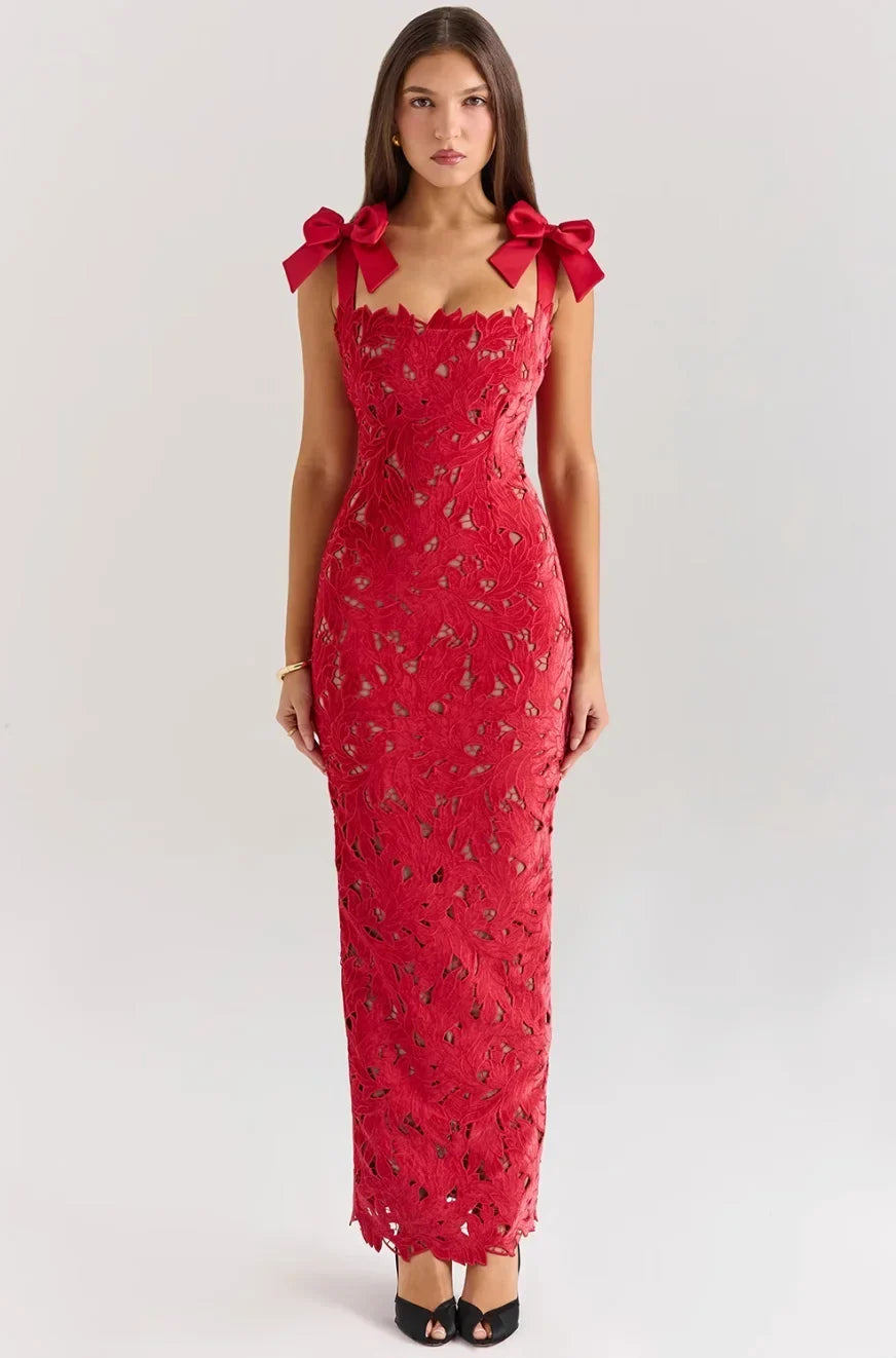 Women's Evening Maxi Dress with Floral Sequin Detail and Tie Shoulder Straps