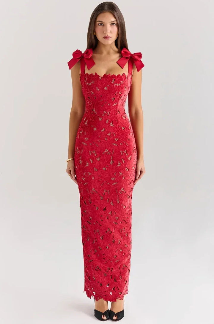 Women's Evening Maxi Dress with Floral Sequin Detail and Tie Shoulder Straps