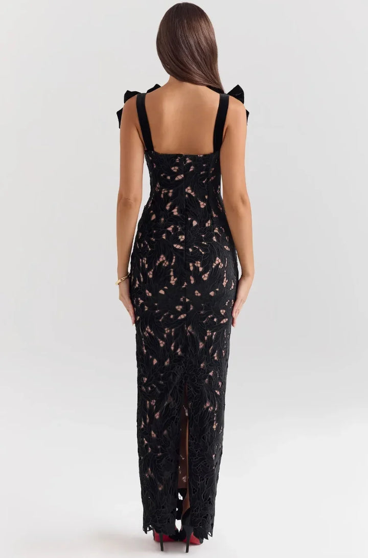 Women's Evening Maxi Dress with Floral Sequin Detail and Tie Shoulder Straps