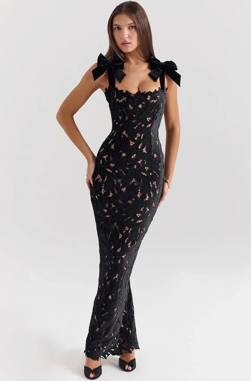 Women's Evening Maxi Dress with Floral Sequin Detail and Tie Shoulder Straps